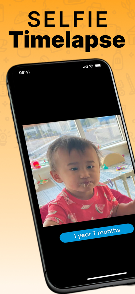 Recap - Photo Timelapse - A smartphone display from the Recap app showing the selfie timelapse feature with a photo of a toddler at 1 year 7 months old.