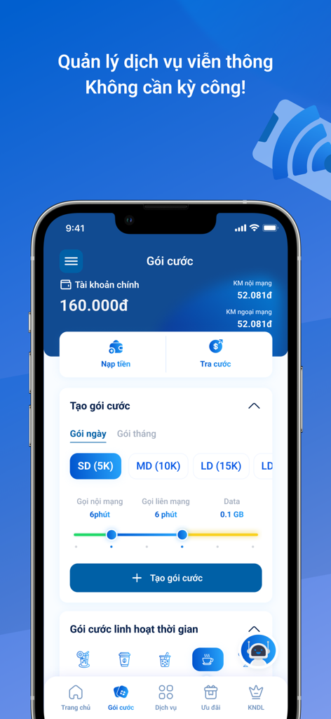 Pantalla de la aplicación móvil My MobiFone mostrando el saldo de la cuenta y las opciones de gestión de planes de datos