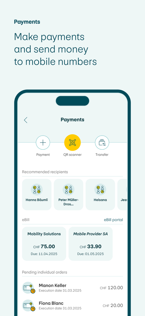 PostFinance app payments screen featuring QR scanning and eBill management
