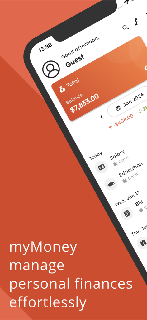 Panel de la aplicación myMoney Finance que muestra el saldo de la cuenta y el historial de transacciones