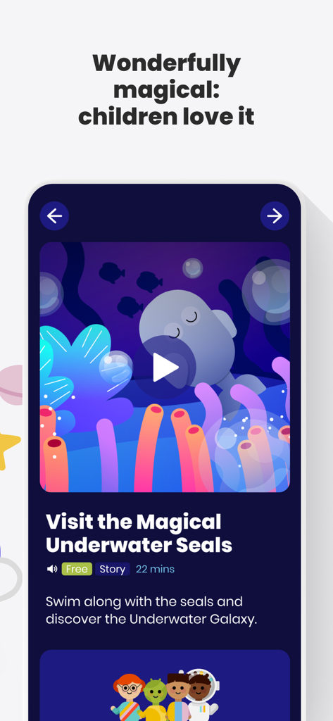 Aumio app interface displaying a magical underwater seals story for kids sleep and relaxation