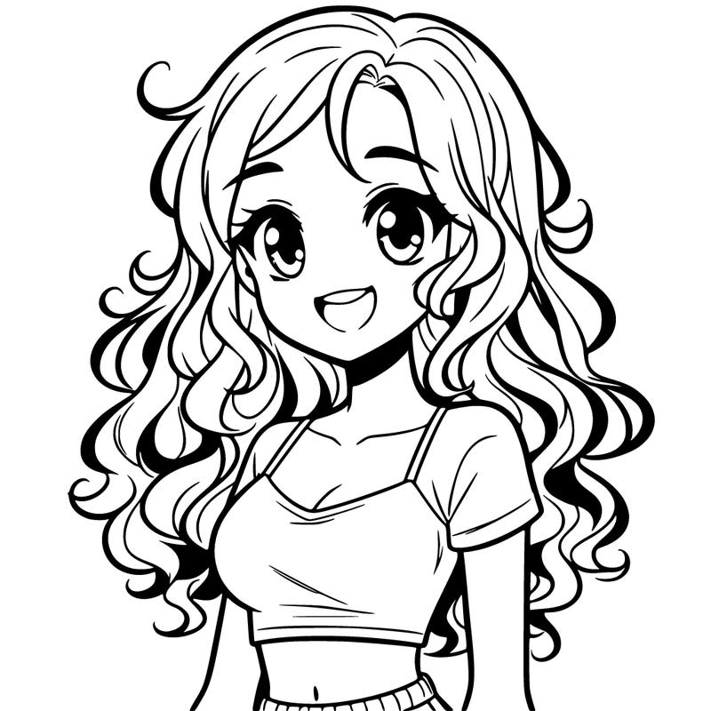 manga girl with crop top and long curly hair with smile