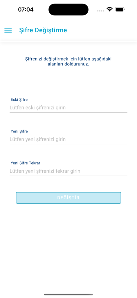 UETS - Tela móvel do aplicativo UETS mostrando a interface de alteração de senha com campos para senha antiga, nova senha e confirmação.