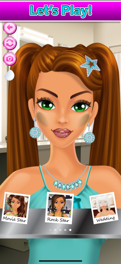 A girl character in a virtual makeover game with options for Movie Star, Rockstar, and Wedding themes.