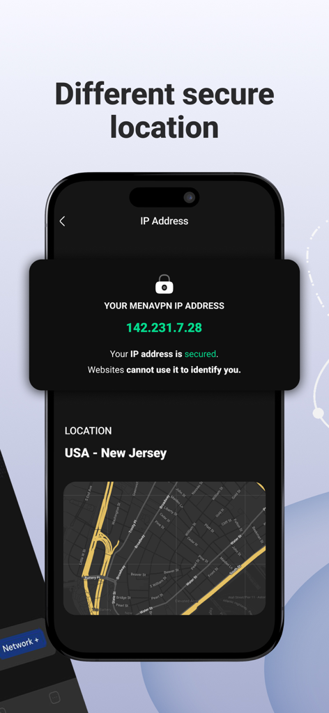 Mena VPN: UAE, KSA, Oman - La app Mena VPN mostrando una dirección IP segura en Nueva Jersey, EE. UU.