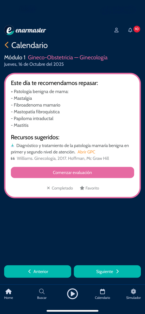 La aplicación ENARMaster que muestra un calendario de estudio con temas médicos recomendados para ginecología y recursos de práctica clínica