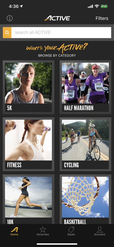 ACTIVE - Fitness Events - ACTIVE app home screen showing event categories like 5K half marathon cycling and fitness