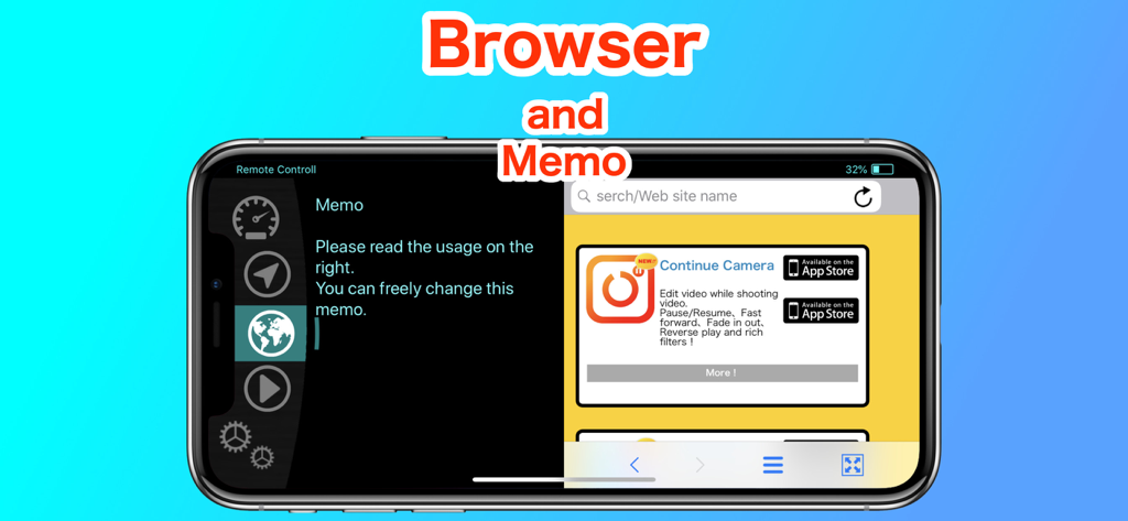 Interface of DashCam HUD app featuring a split screen with a web browser and a memo pad.