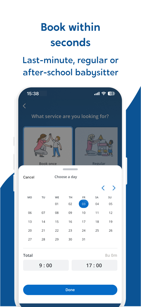 Charly Cares | Babysitting App - Charly Caresアプリのインターフェース。ベビーシッター予約のためのカレンダーと時間選択を表示しています。