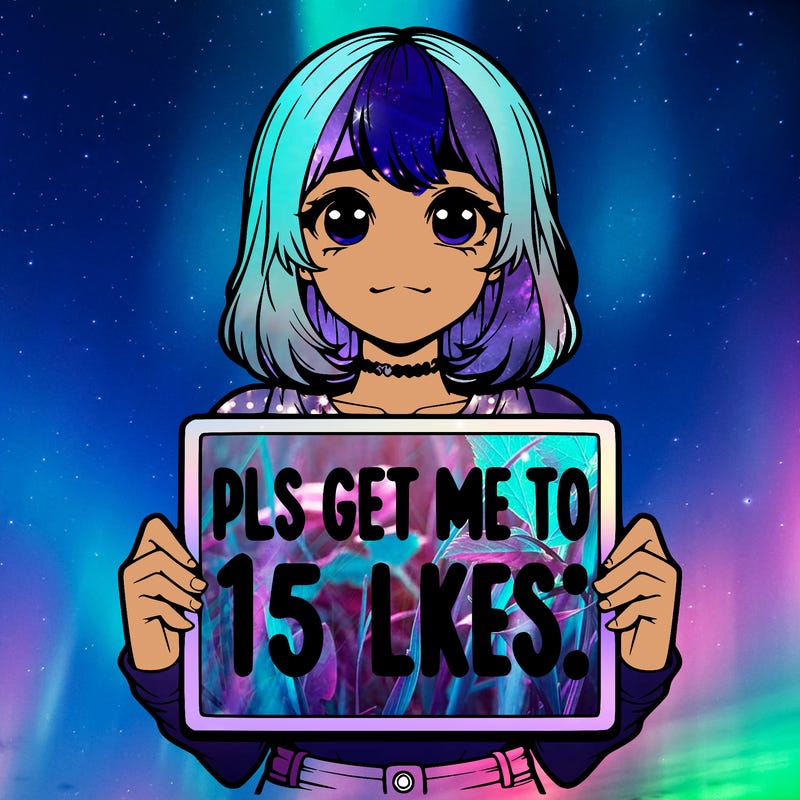 realistic girl holding up a sign that says “pls get me to 15 likes!”