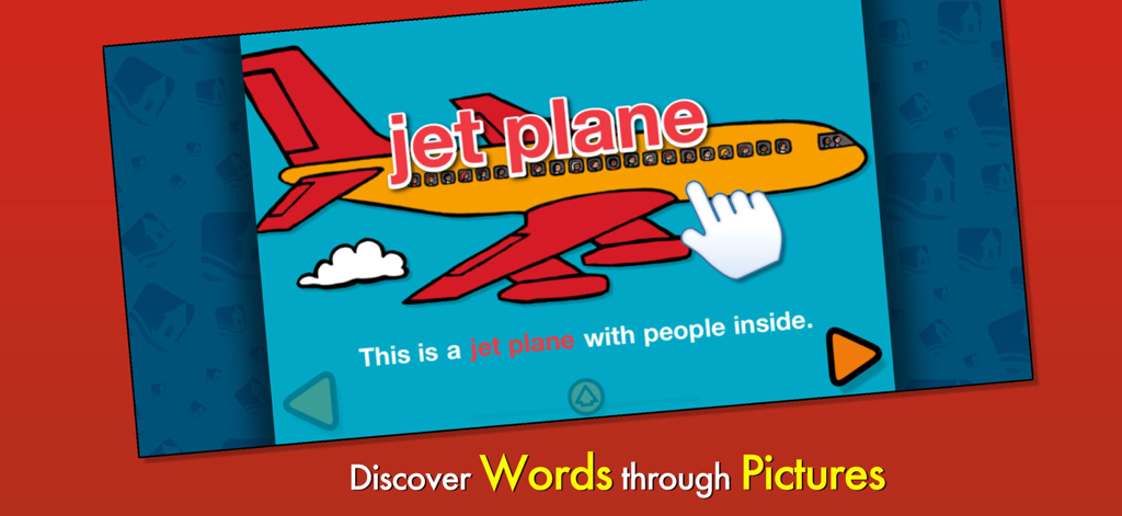 An interactive book app page from the Byron Barton Collection showing a jet plane and highlighted vocabulary words for children.