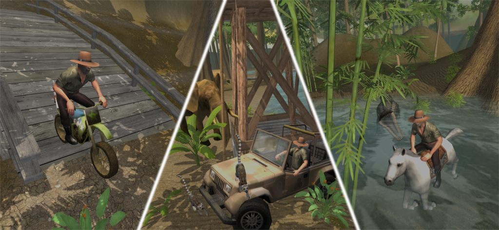 4x4 Safari: Evolution-U - A collage of safari gameplay featuring a motorbike, a jeep, and a horse.