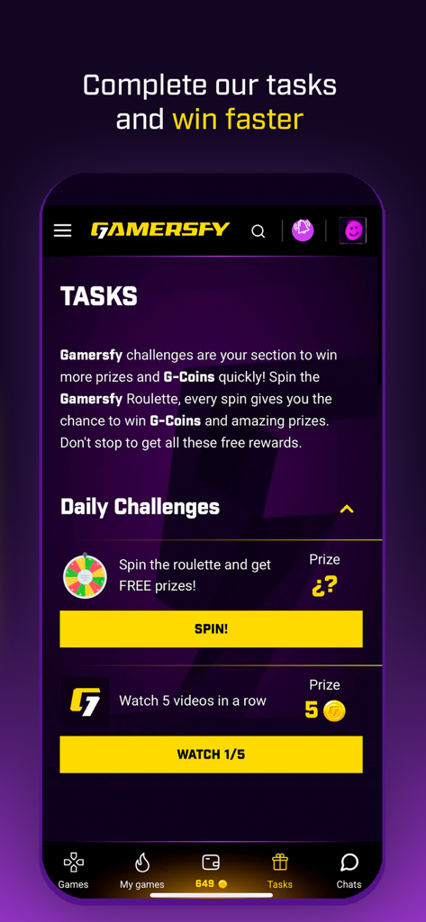 Gamersfy - Gamersfy app interface showing daily challenges to earn G-coins and free prizes including a lucky roulette spin and video rewards