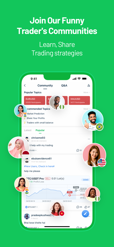 Trade W - Investment & Trading - Interface do aplicativo móvel Trade W mostrando uma comunidade global para compartilhar estratégias de investimento