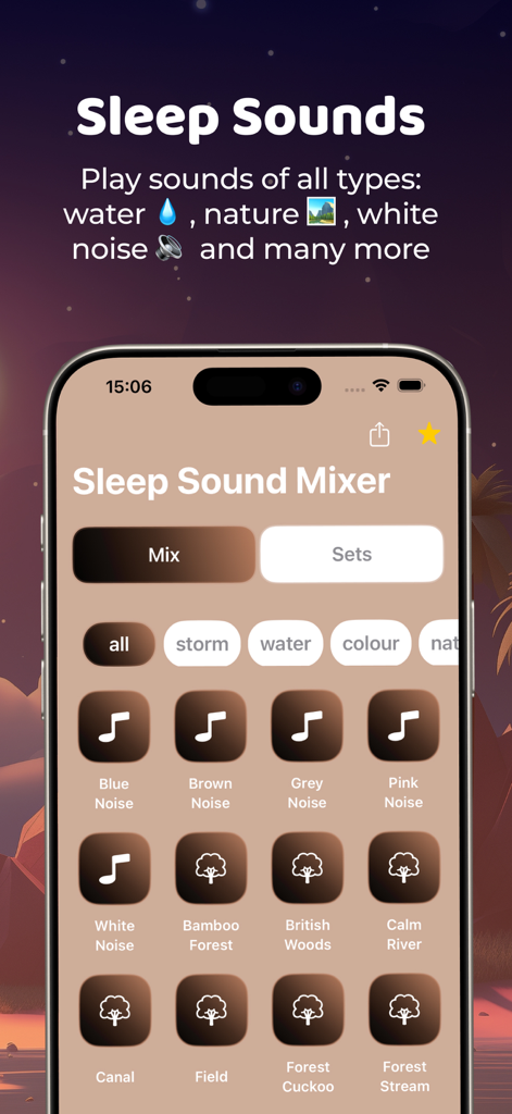 Baby Sleep Sounds by Comfy - Interfaz del Mezclador de Sonidos para dormir en la aplicación Sonidos para dormir bebés que muestra varias opciones de ruido blanco y sonidos de la naturaleza