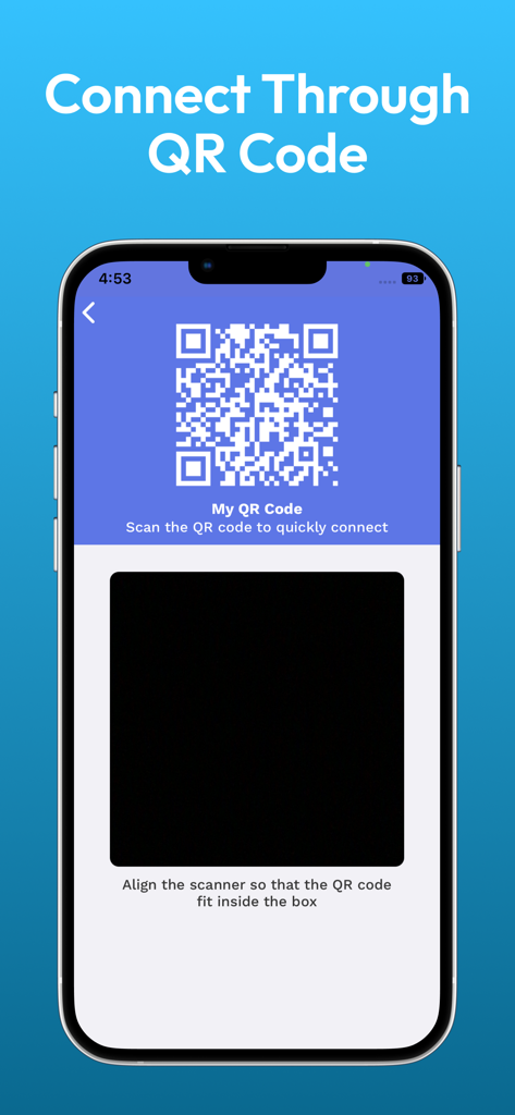 Interface showing a QR code scanner for quickly connecting devices to transfer files and data wirelessly.