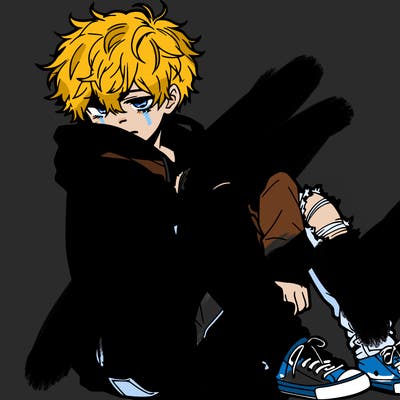 a male hoddie ripped jeans messy hair anime