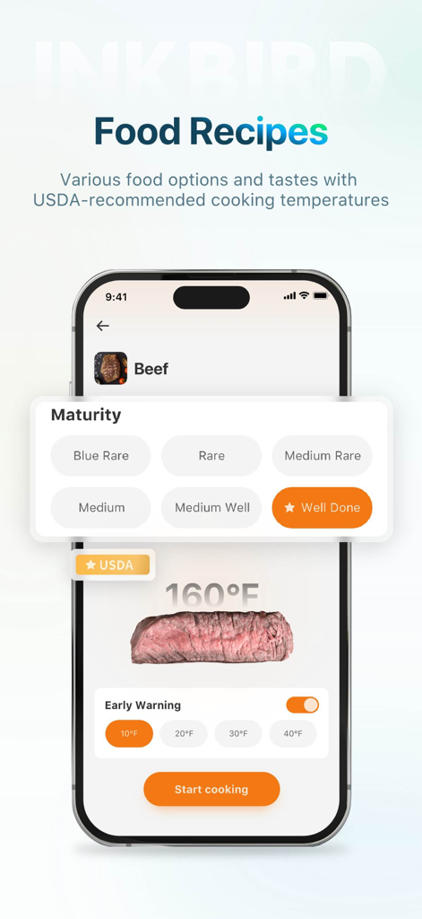 INKBIRD - INKBIRD app screen showing beef maturity levels and USDA recommended cooking temperatures.