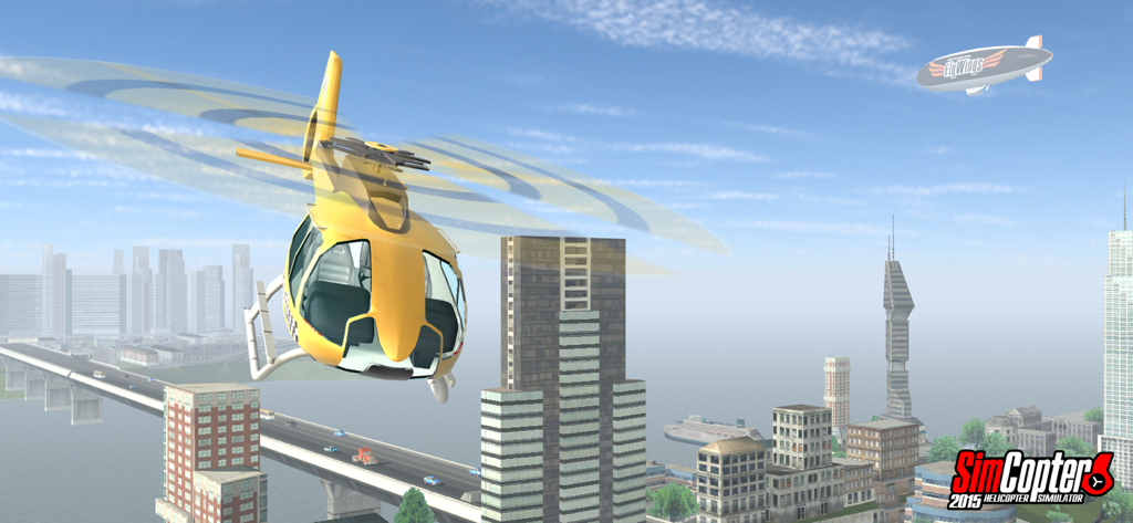 Helicopter Simulator 2015 - Helicóptero amarillo volando sobre una ciudad con un puente y un dirigible en el cielo