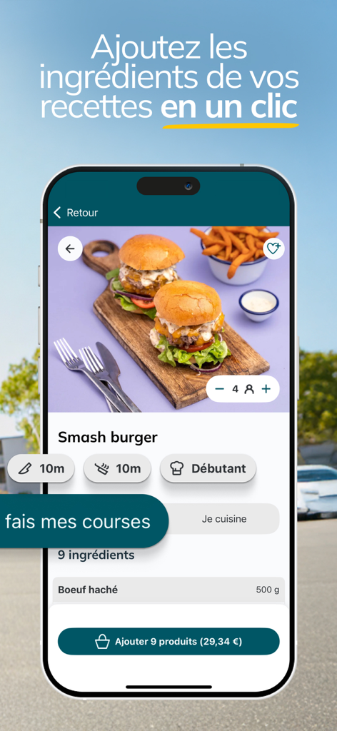 Courses U : Magasin en ligne - A smash burger recipe on the Courses U app with a button to add all ingredients to the cart