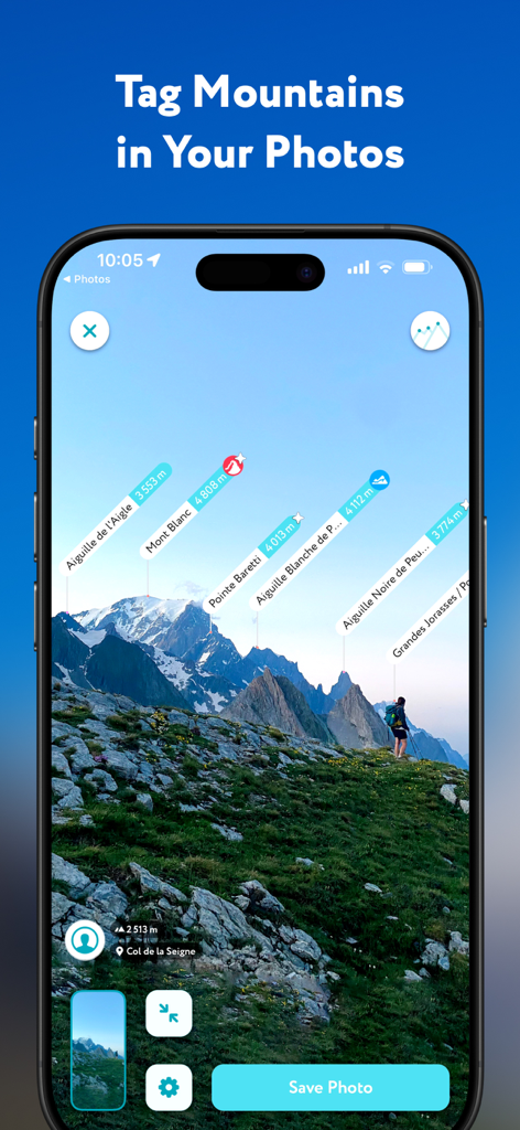 PeakVisor app interface showing identified mountain peaks with name and elevation tags in a landscape photo.