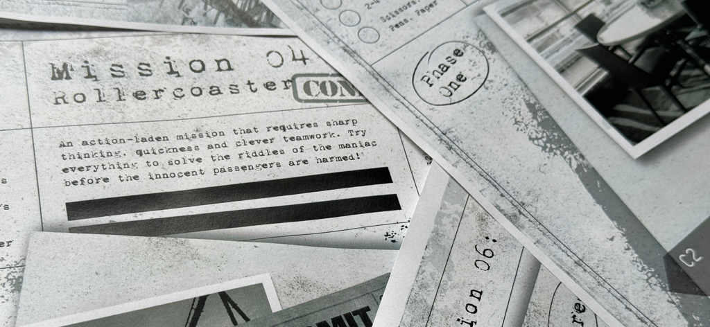 Escape Team MDM - Printed mission papers for the Escape Team MDM game including Mission 04 Rollercoaster
