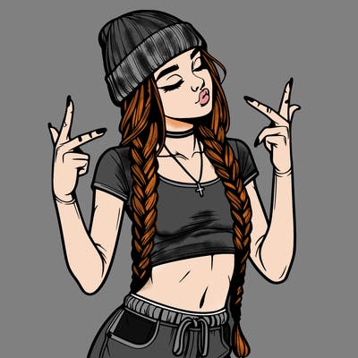realistic teenage girl with braids and a beanie and crop top doing 🫶🏼