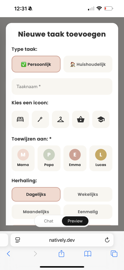 Flow Fam - Interfaz de la aplicación Flow Fam para añadir una nueva tarea y asignarla a los miembros de la familia.