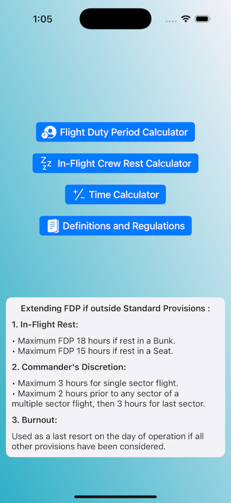 Main interface of the FDPme app showing aviation calculators for flight duty and crew rest.