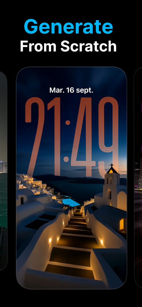 Pantalla de bloqueo de iPhone personalizable con un fondo de pantalla de paisaje arquitectónico de alta resolución y un gran reloj digital.