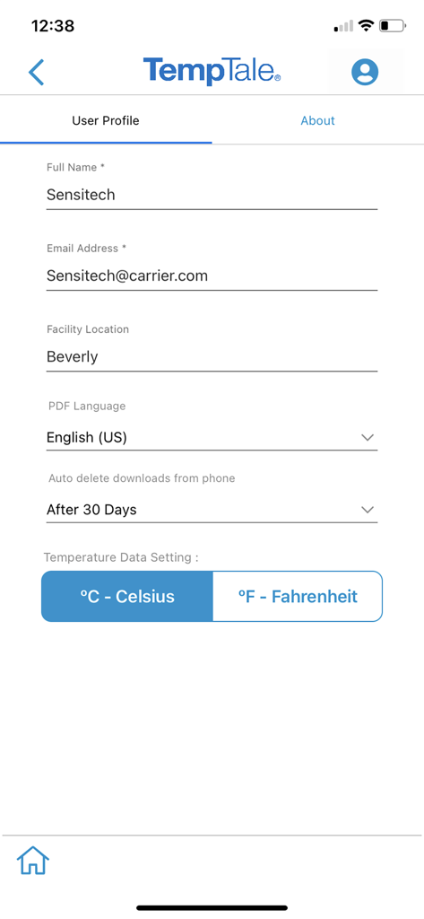 TempTale App - User profile settings screen in the TempTale app showing name email facility location and temperature preference settings
