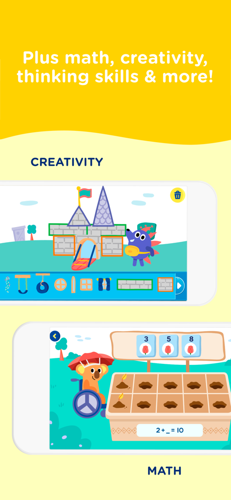 Educational screenshots of the HOMER app showing interactive math and creativity games for kids