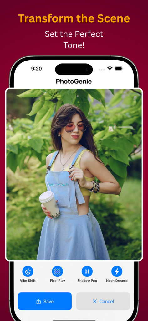 PhotoGenie Ultra - Affichage de smartphone montrant l'application PhotoGenie Ultra avec des filtres d'édition de photos et le portrait d'une femme