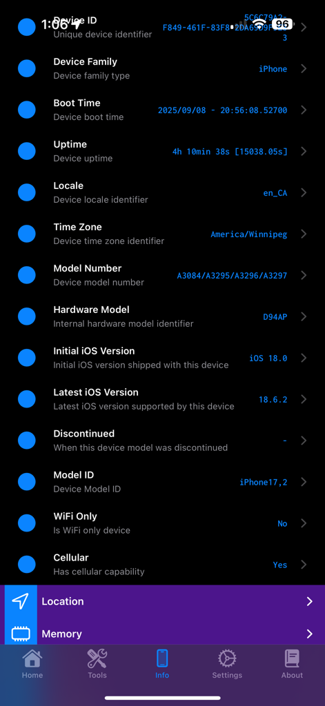 Lirum Device Info screen displaying detailed iPhone hardware and system specifications