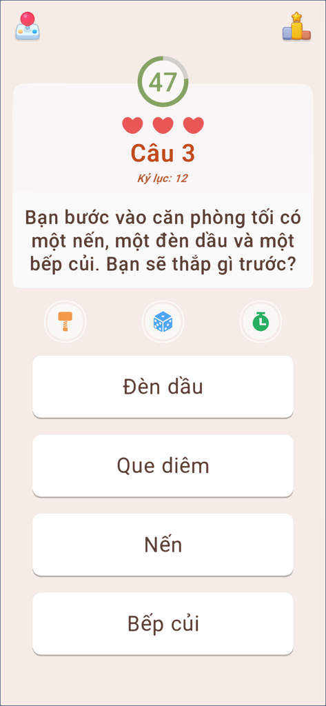 Đố Vui Hại Não - Siêu Trí Tuệ - Vietnamese trivia app screen showing a logic riddle with multiple choice answers