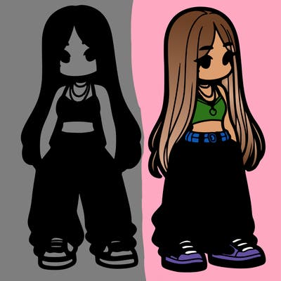 girl in baggy pants crop top and long hair