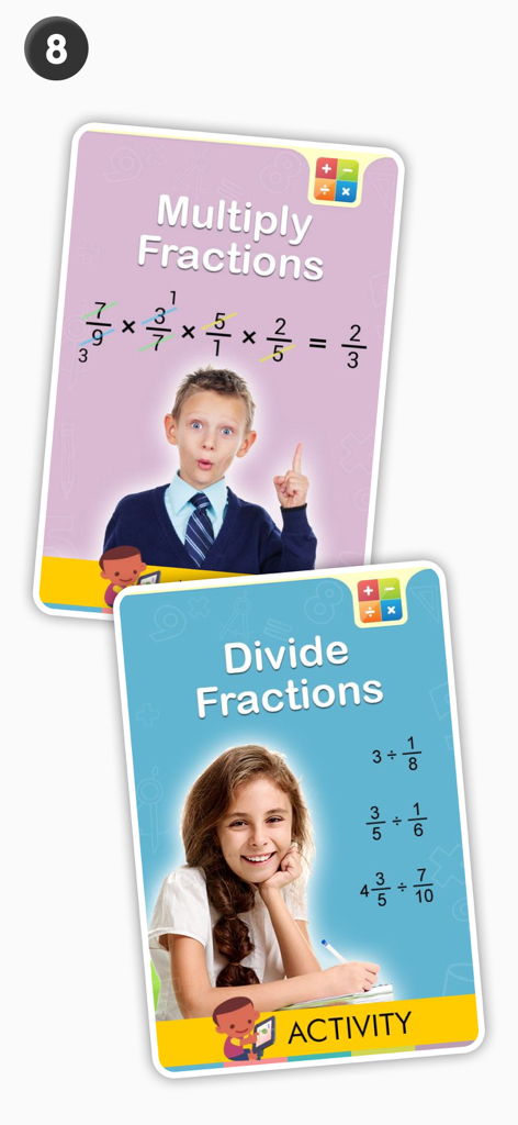 Activity screens for multiplying and dividing fractions in a fifth grade educational math app