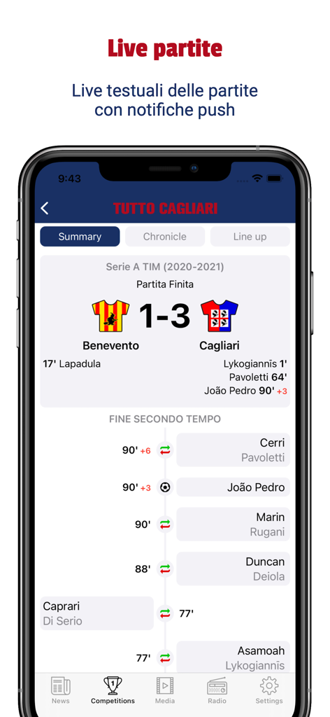 La aplicación Tutto Cagliari mostrando un resumen y marcador de partido en vivo de un juego de fútbol