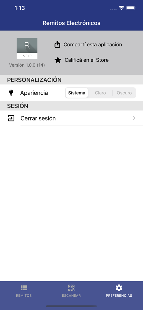 Pantalla de configuración de la app AFIP Remitos Electrónicos mostrando preferencias de tema y opciones de cierre de sesión.
