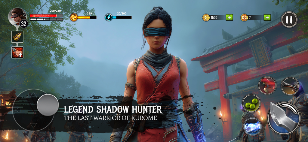 Ryuko, la cazadora de sombras, de pie frente a una puerta torii japonesa con la interfaz del juego