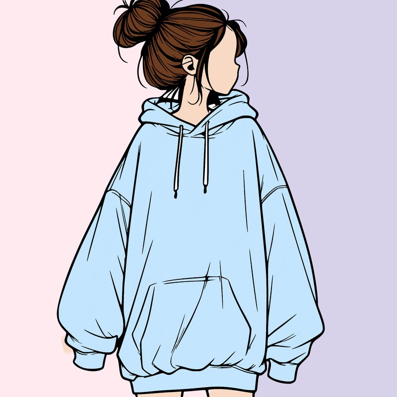 realistic girl with a oversized sweatshirt on and a bun