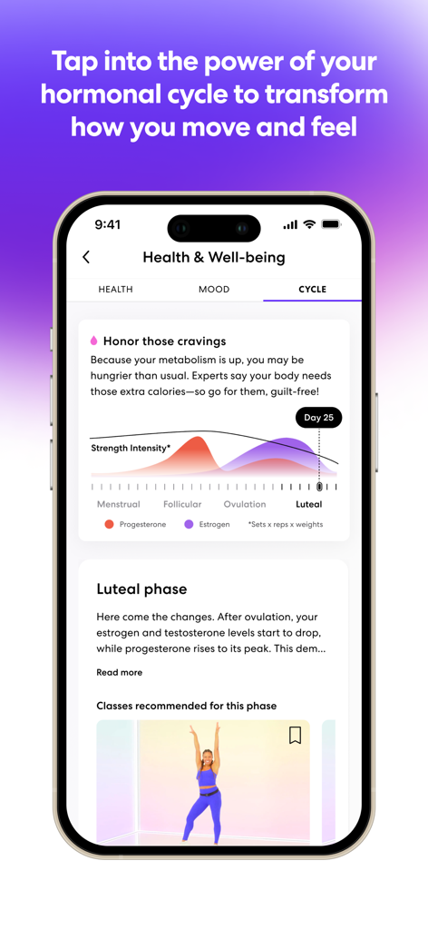The obé fitness app interface displaying hormonal cycle tracking and phase-specific workout recommendations.