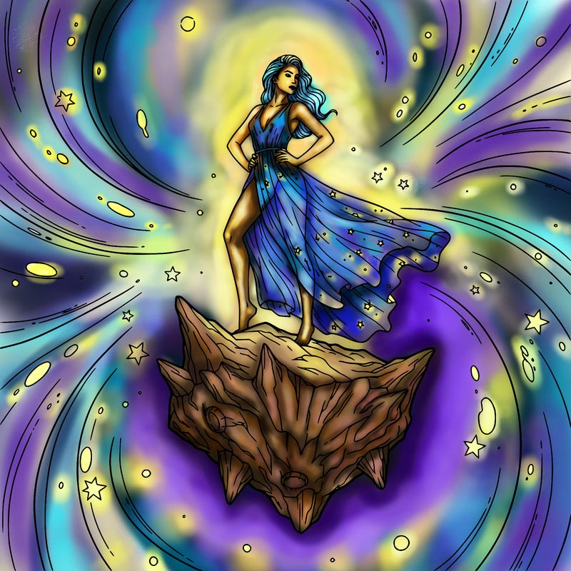 beautiful woman posing on asteroid in space