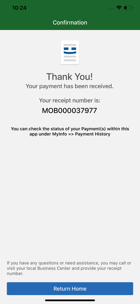 NYC Pay or Disputeアプリの支払い確認画面。支払いが成功したメッセージと領収書番号が表示されています。