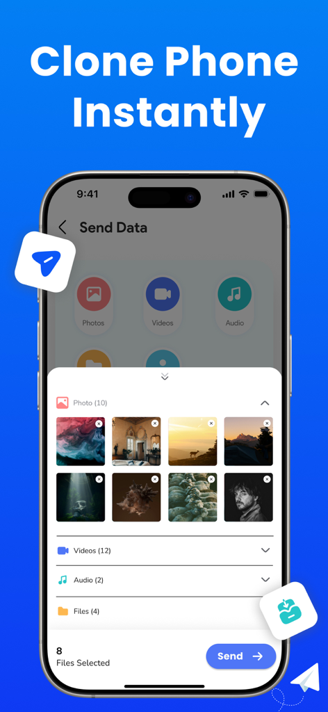 Smart Switch Phone Transfer - Pantalla de smartphone mostrando la interfaz de la aplicación Smart Switch para seleccionar fotos y archivos para clonar un teléfono al instante