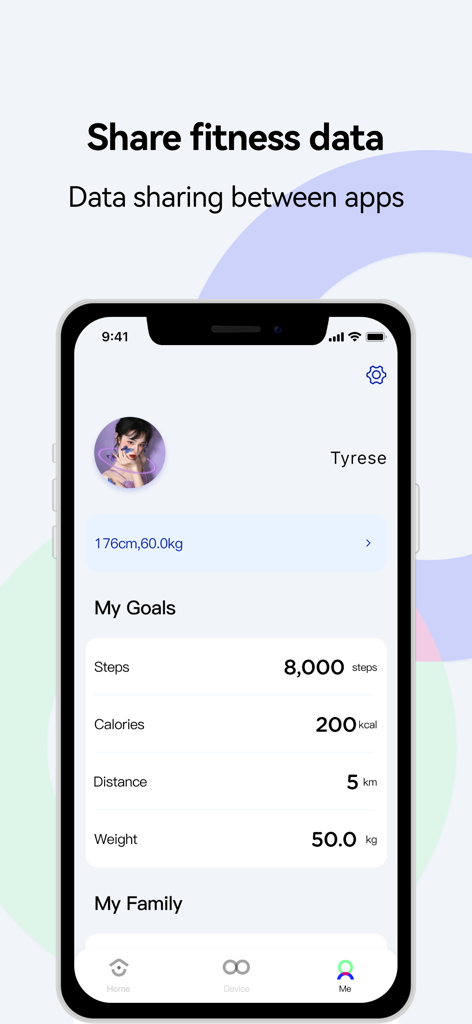 anyloop - Anyloop app profile screen displaying daily fitness goals for steps and calories with data sharing features