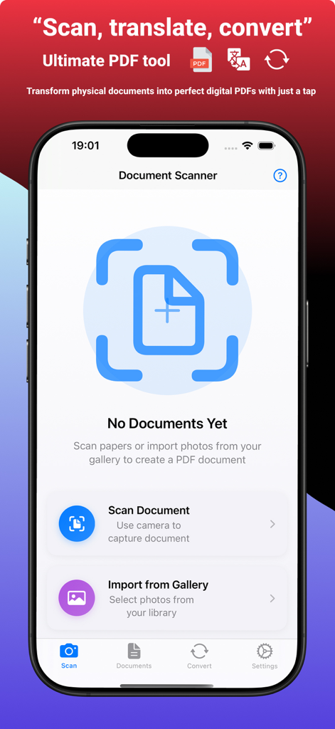 Pdf scan translate - Interfaz del escáner de documentos en la aplicación móvil Pdf scan translate en un iPhone que muestra opciones de escaneo e importación
