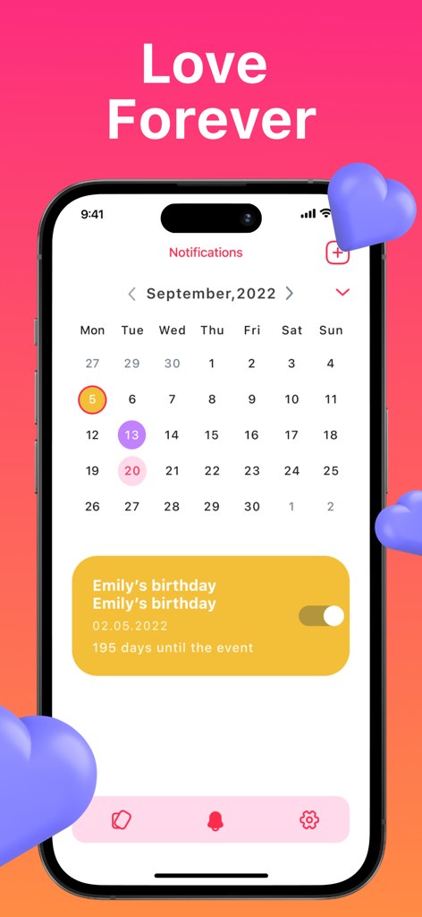 다가오는 이벤트 알림과 생일 카운트다운을 보여주는 관계 추적기 앱의 캘린더 인터페이스