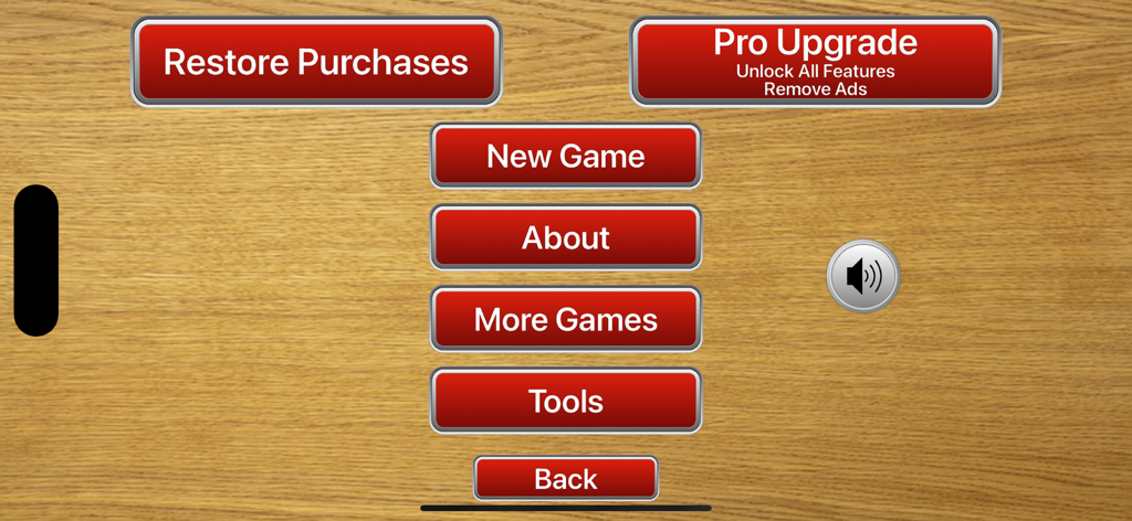 Main menu of the Mahjong Classic app featuring large red buttons on a wooden background for easy navigation