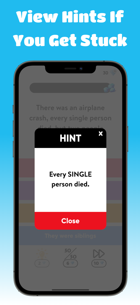 Hint popup on a trick question in the Idiot Test quiz game
